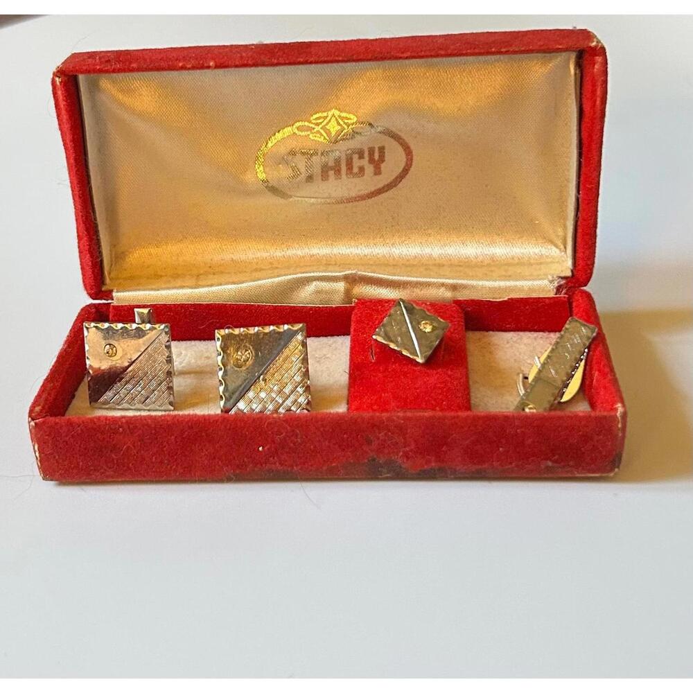 Vintage 1950s Stacy Cufflinks & Tie Clip Set, Original Box Mid-Century Gold Tone